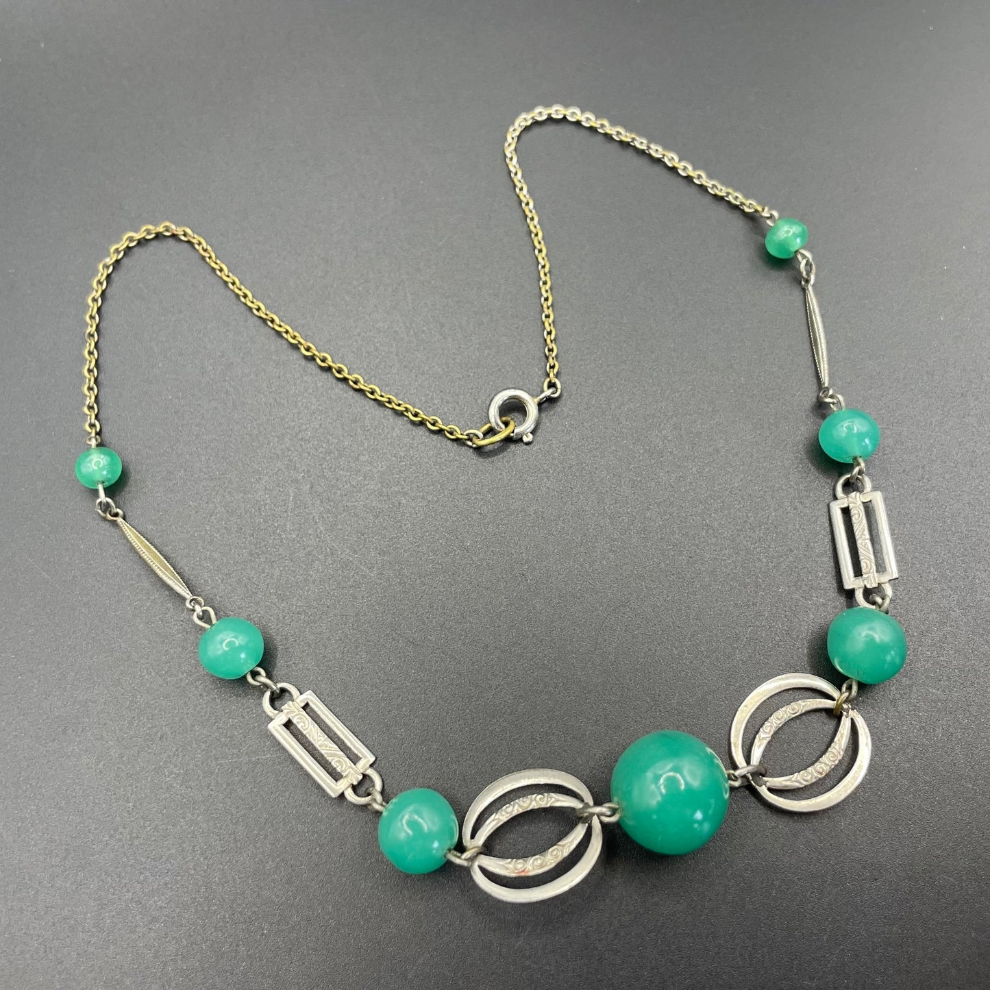 Vintage Art Deco machine age green uranium glass bead, chrome and filigree necklace, Jakob Bengel