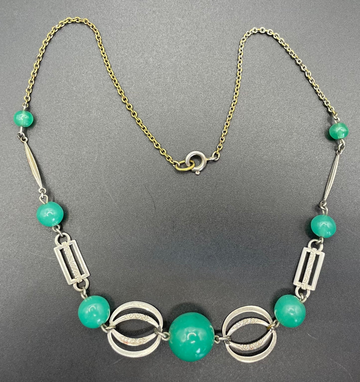 Vintage Art Deco machine age green uranium glass bead, chrome and filigree necklace, Jakob Bengel