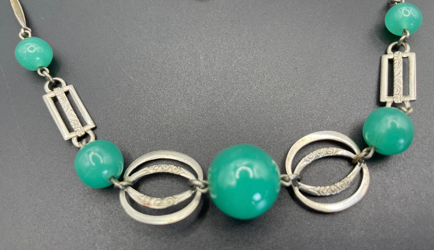 Vintage Art Deco machine age green uranium glass bead, chrome and filigree necklace, Jakob Bengel