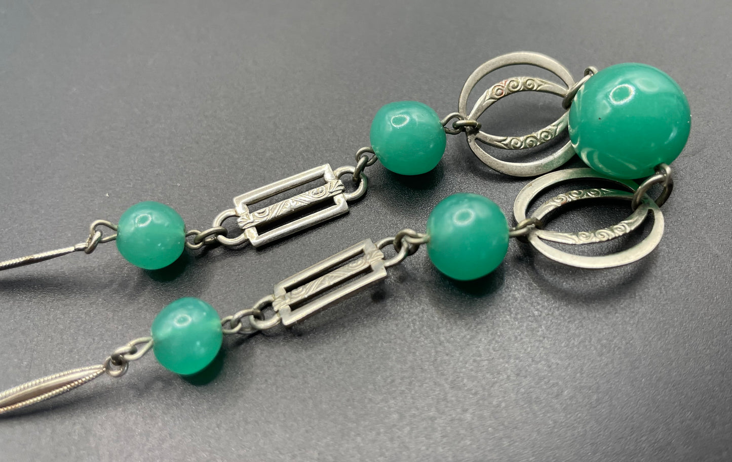 Vintage Art Deco machine age green uranium glass bead, chrome and filigree necklace, Jakob Bengel