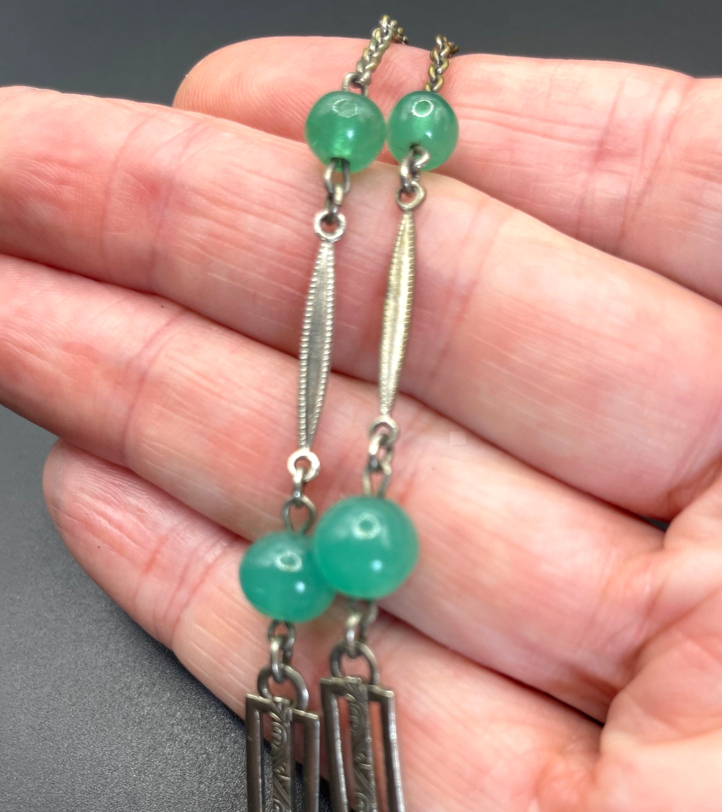 Vintage Art Deco machine age green uranium glass bead, chrome and filigree necklace, Jakob Bengel