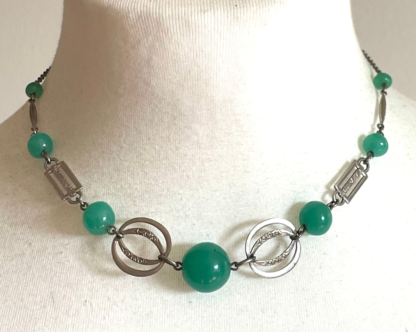 Vintage Art Deco machine age green uranium glass bead, chrome and filigree necklace, Jakob Bengel