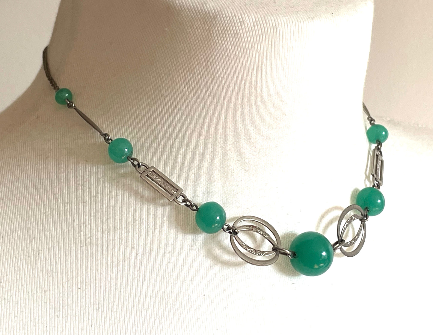 Vintage Art Deco machine age green uranium glass bead, chrome and filigree necklace, Jakob Bengel