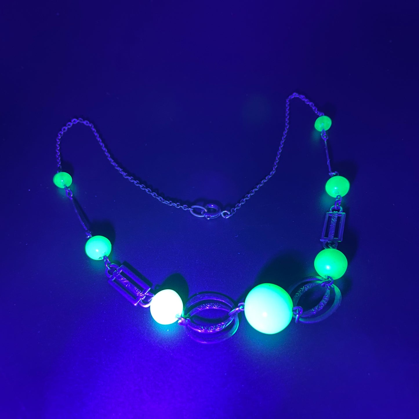 Vintage Art Deco machine age green uranium glass bead, chrome and filigree necklace, Jakob Bengel