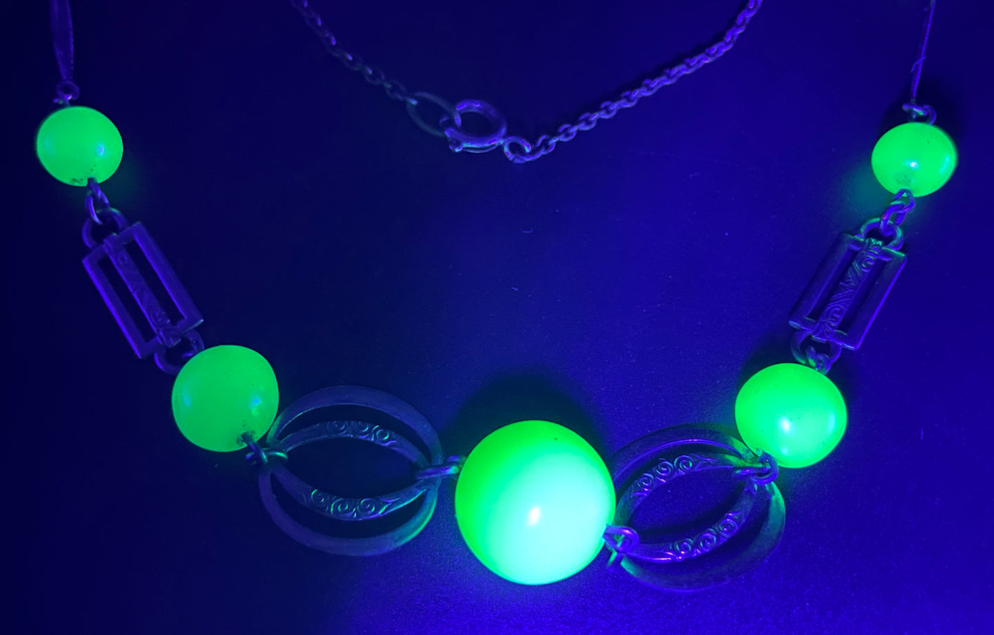 Vintage Art Deco machine age green uranium glass bead, chrome and filigree necklace, Jakob Bengel