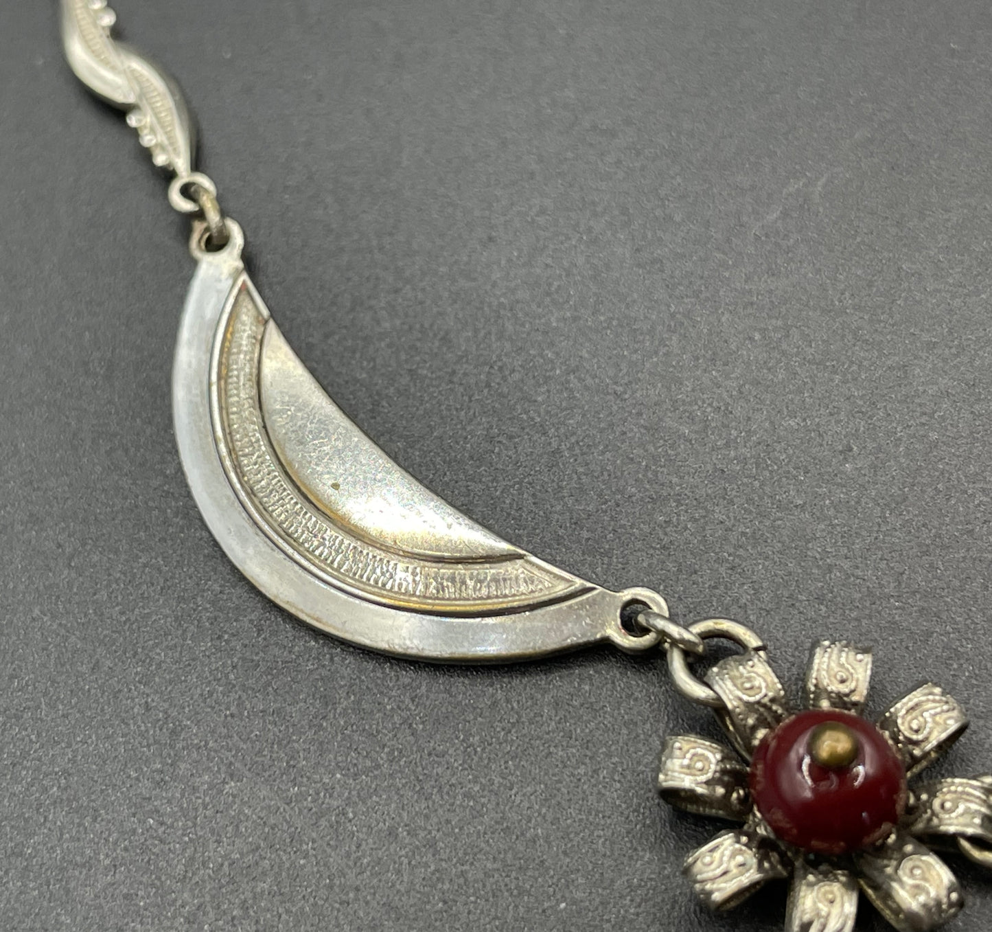 Vintage Louis Rousselet Art Deco machine age silver tone / chrome and dark red glass bead flower design necklace