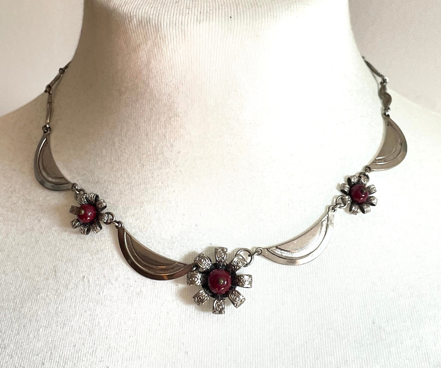 Vintage Louis Rousselet Art Deco machine age silver tone / chrome and dark red glass bead flower design necklace