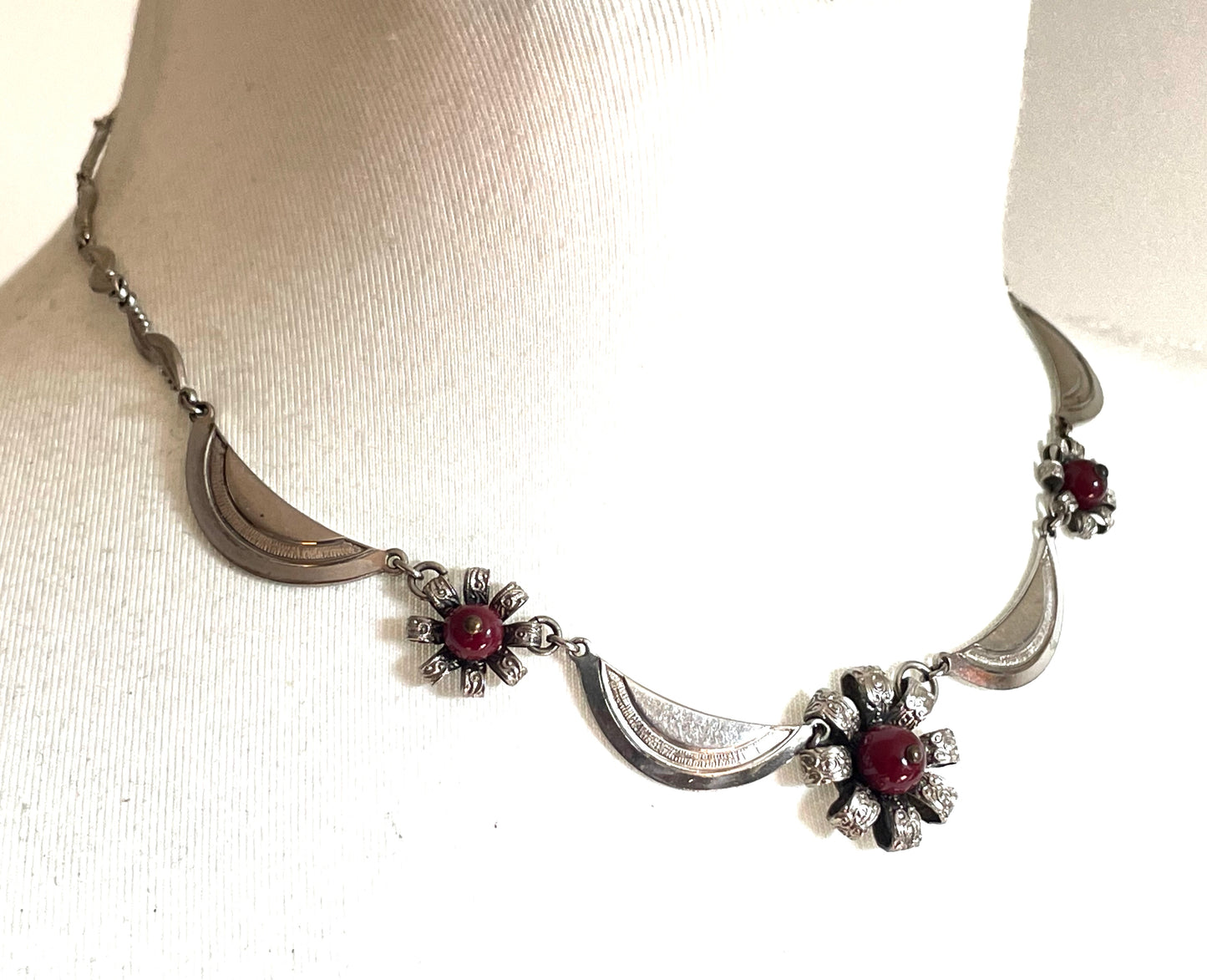 Vintage Louis Rousselet Art Deco machine age silver tone / chrome and dark red glass bead flower design necklace