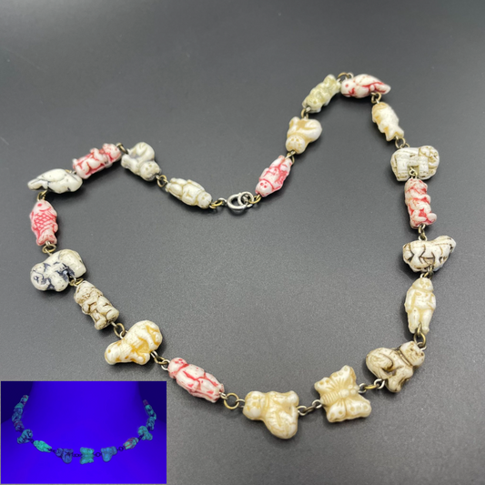 Vintage moulded 'custard' glass animal, bird, butterfly, fish & people shaped beaded necklace, rare Czech pressed glass with UV sensitivity