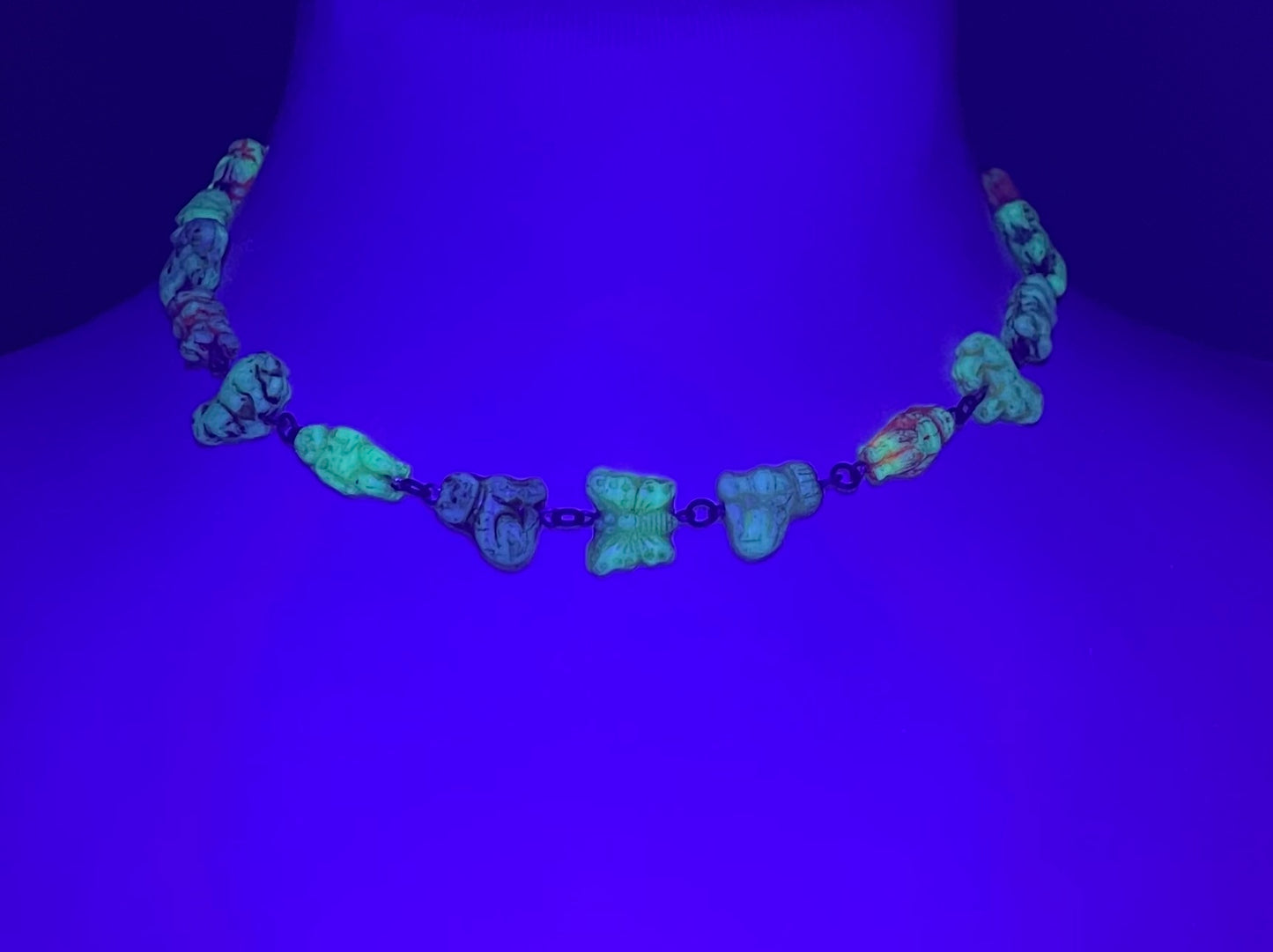 Vintage moulded 'custard' glass animal, bird, butterfly, fish & people shaped beaded necklace, rare Czech pressed glass with UV sensitivity