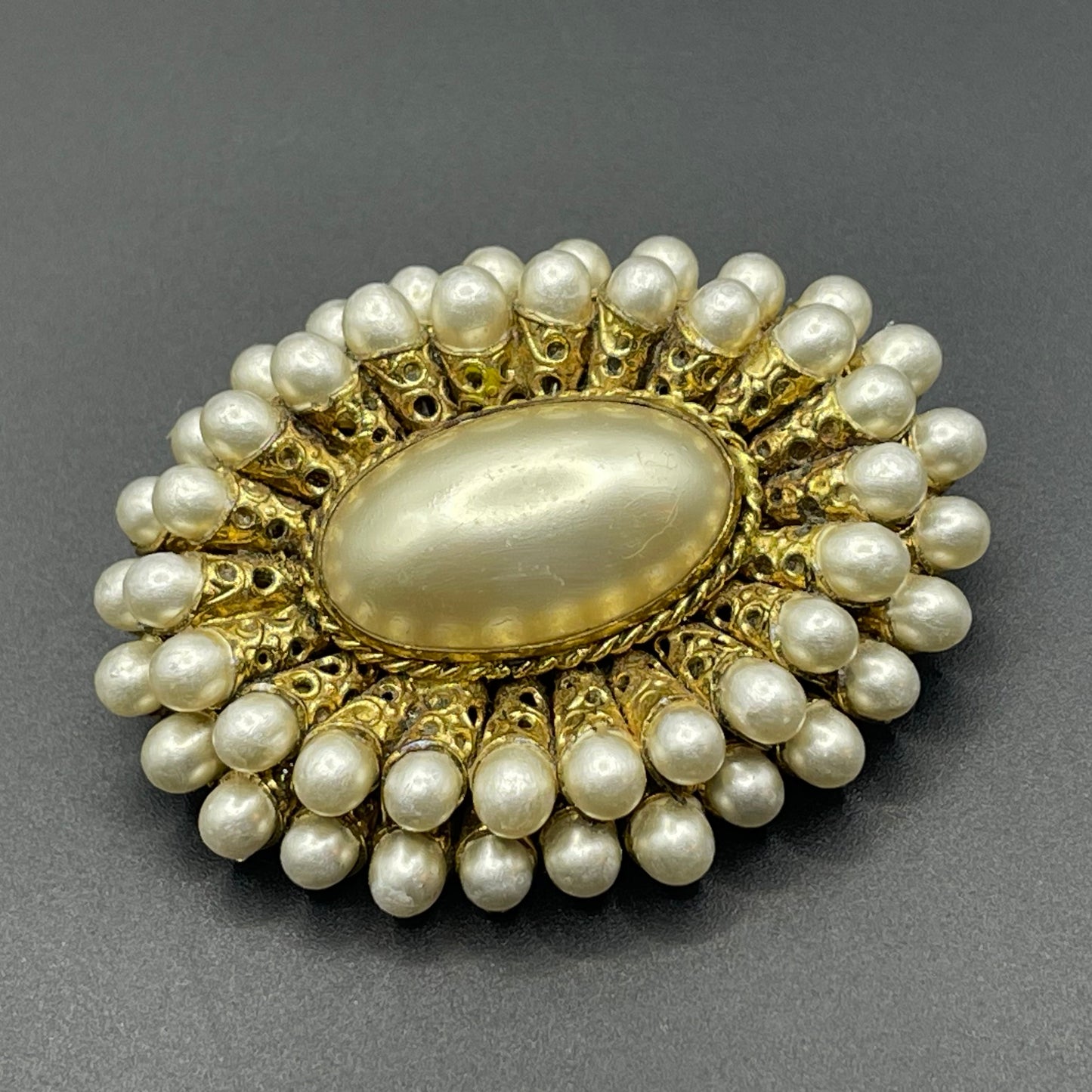 Large vintage Max Neiger ? Art Deco brooch with glass faux pearls gold tone filigree horn shaped settings, possibly Neiger brothers