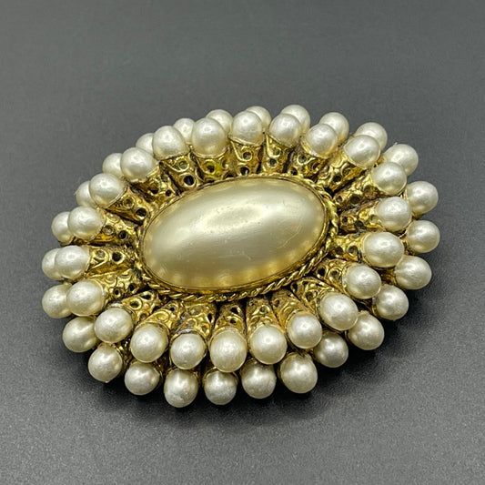 Large vintage Max Neiger ? Art Deco brooch with glass faux pearls gold tone filigree horn shaped settings, possibly Neiger brothers