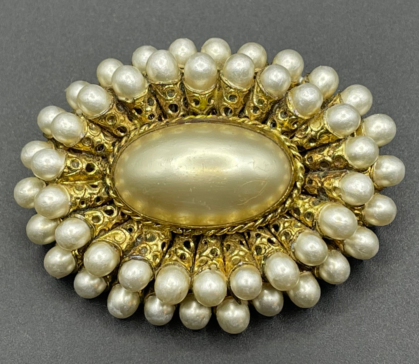 Large vintage Max Neiger ? Art Deco brooch with glass faux pearls gold tone filigree horn shaped settings, possibly Neiger brothers