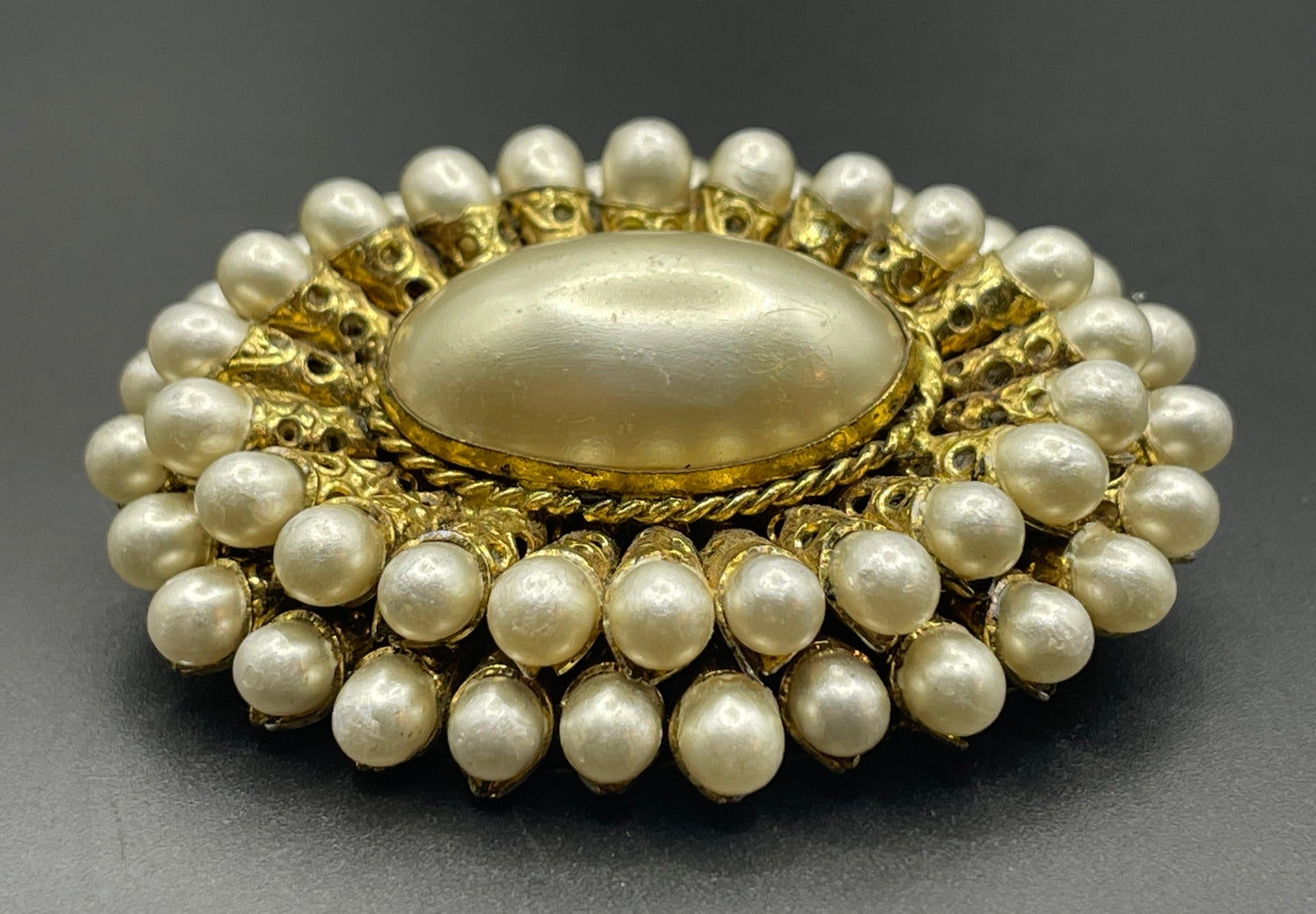 Large vintage Max Neiger ? Art Deco brooch with glass faux pearls gold tone filigree horn shaped settings, possibly Neiger brothers