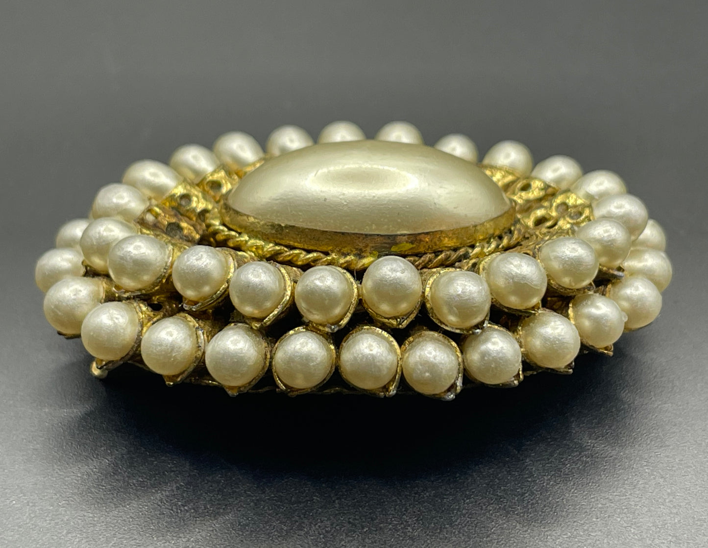 Large vintage Max Neiger ? Art Deco brooch with glass faux pearls gold tone filigree horn shaped settings, possibly Neiger brothers