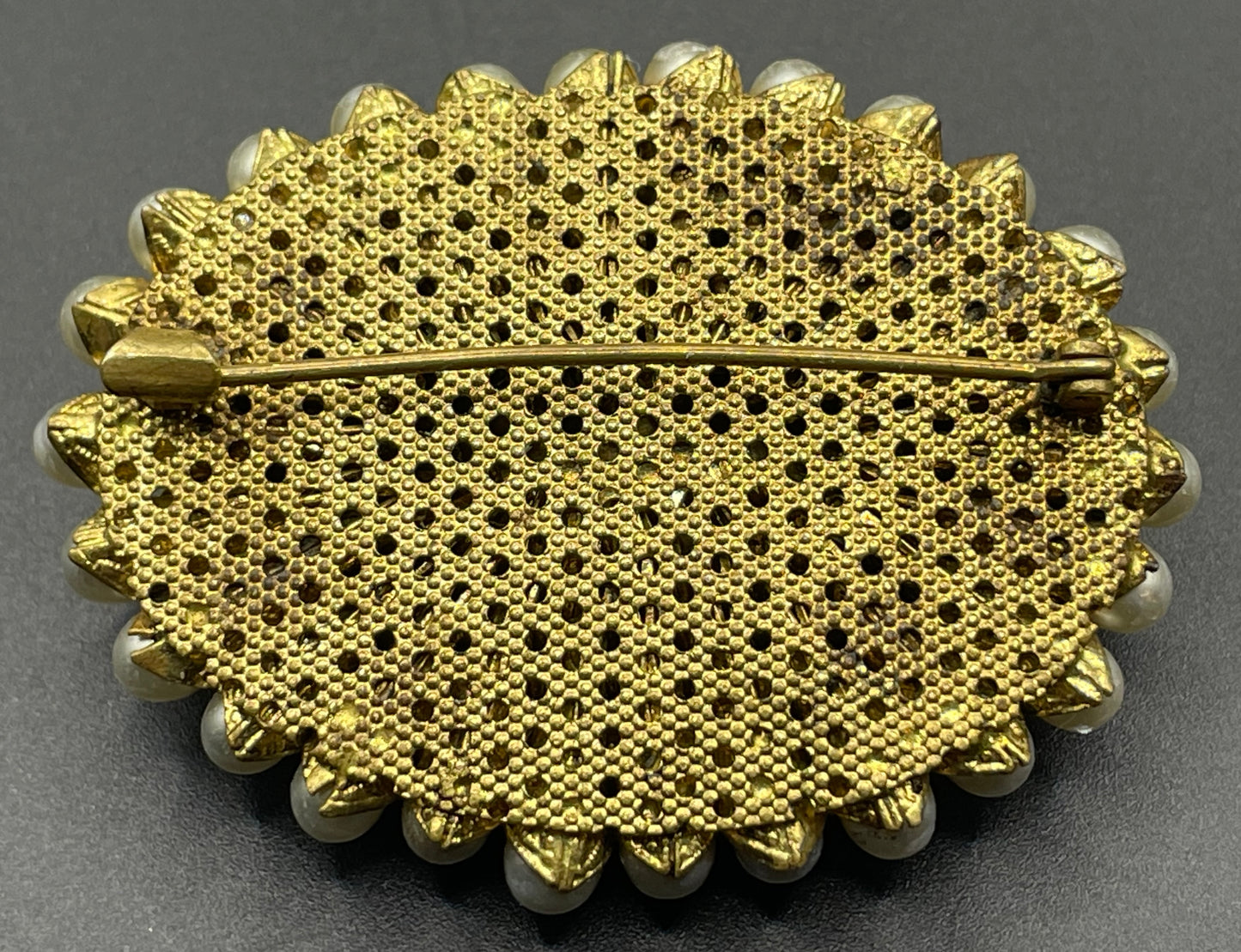 Large vintage Max Neiger ? Art Deco brooch with glass faux pearls gold tone filigree horn shaped settings, possibly Neiger brothers