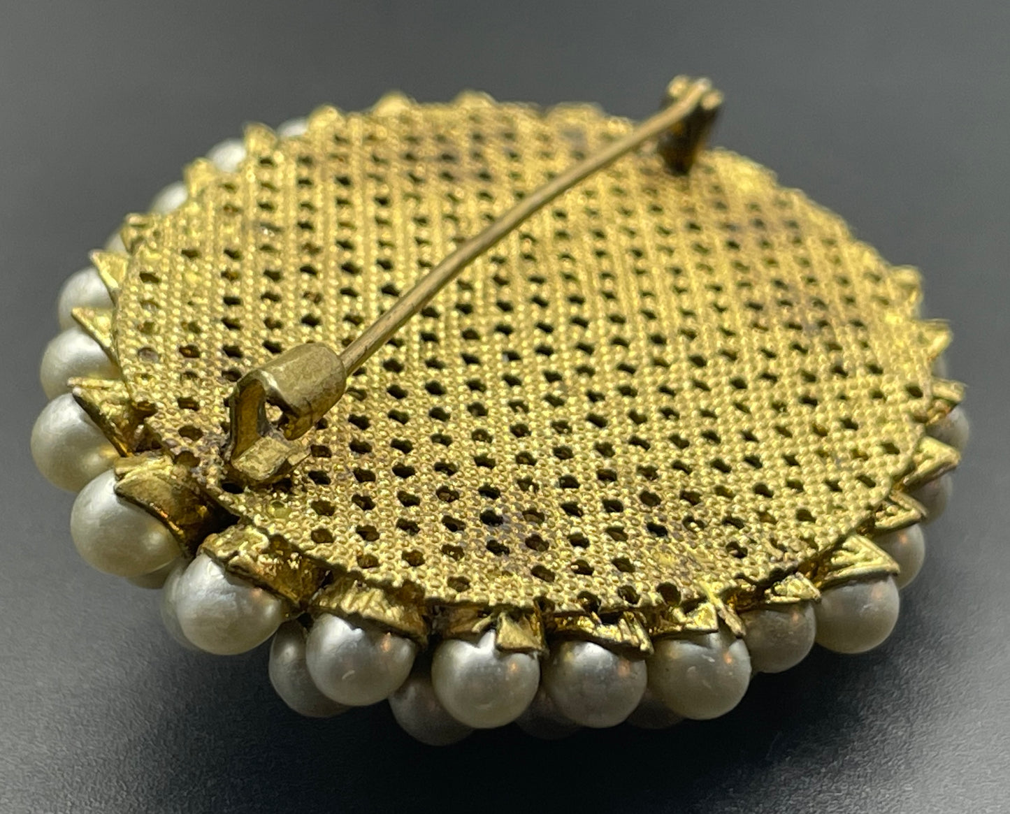 Large vintage Max Neiger ? Art Deco brooch with glass faux pearls gold tone filigree horn shaped settings, possibly Neiger brothers