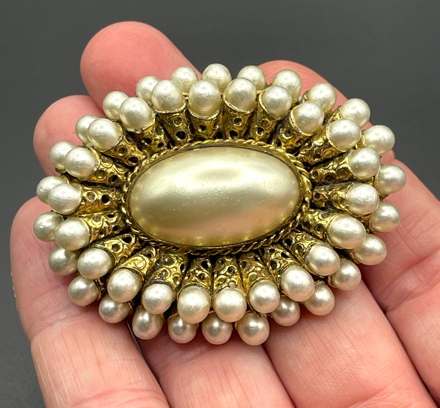 Large vintage Max Neiger ? Art Deco brooch with glass faux pearls gold tone filigree horn shaped settings, possibly Neiger brothers