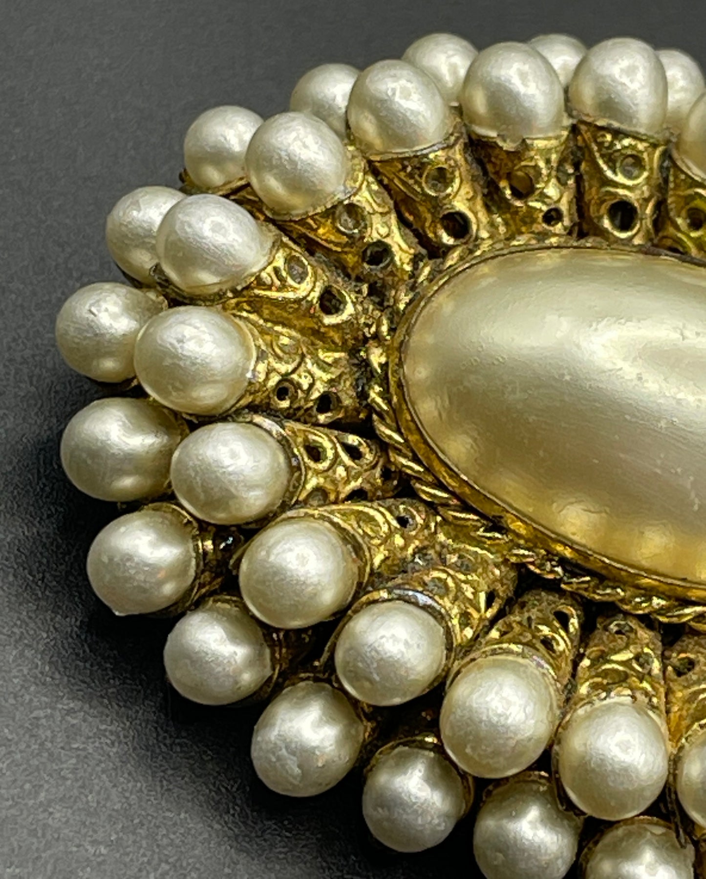 Large vintage Max Neiger ? Art Deco brooch with glass faux pearls gold tone filigree horn shaped settings, possibly Neiger brothers