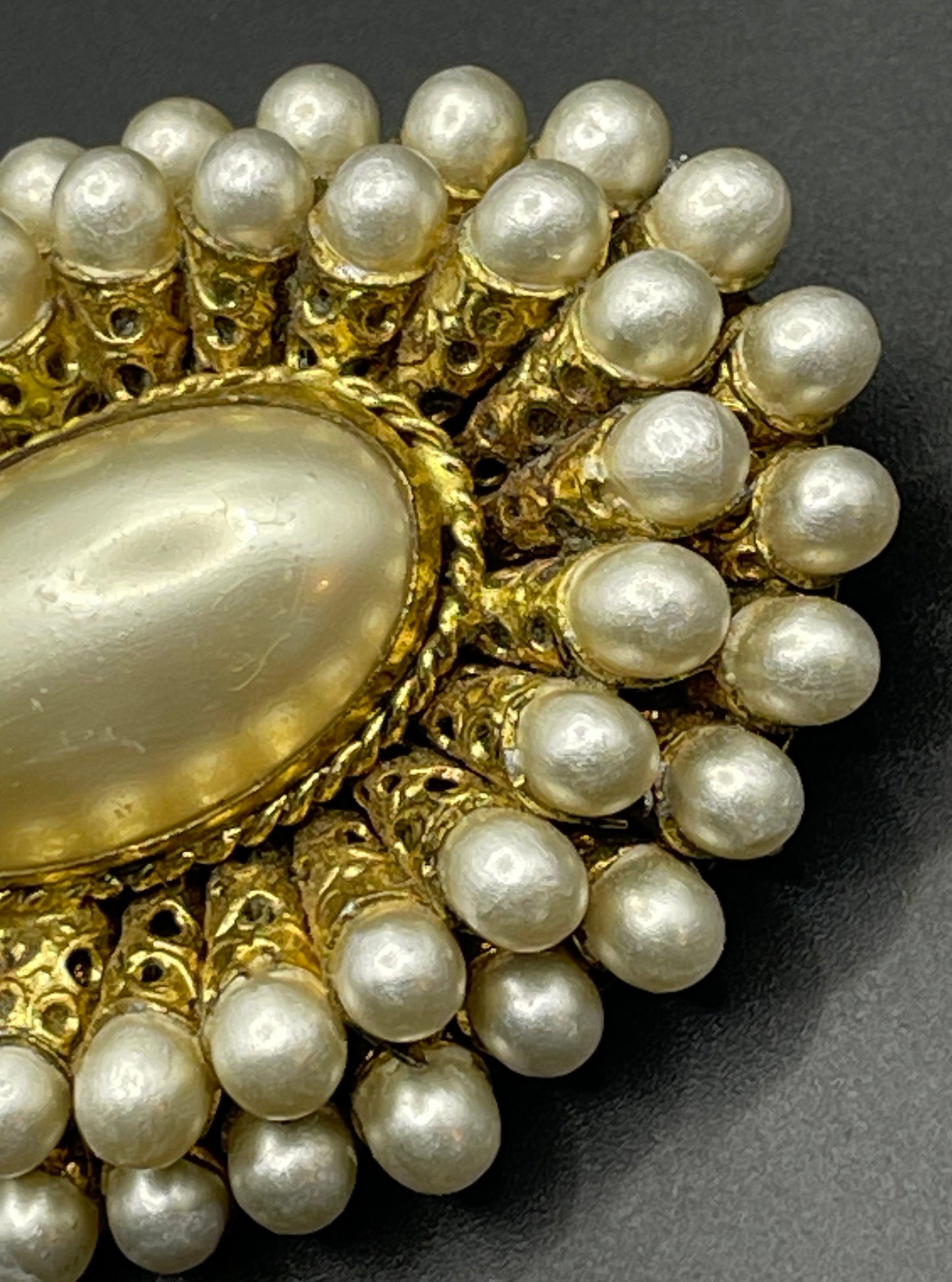 Large vintage Max Neiger ? Art Deco brooch with glass faux pearls gold tone filigree horn shaped settings, possibly Neiger brothers