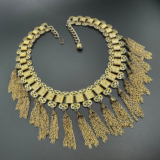 Vintage gold tone bookchain style chain link fringe necklace, Miriam Haskell style