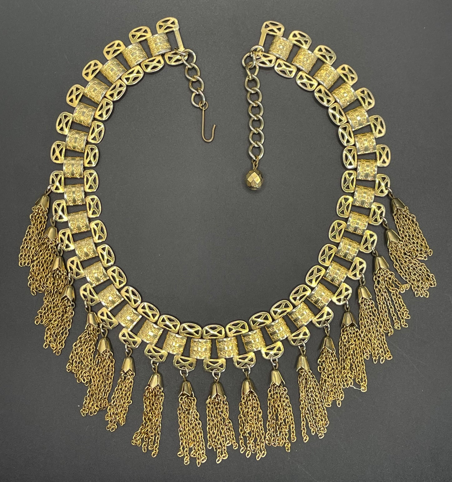 Vintage gold tone bookchain style chain link fringe necklace, Miriam Haskell style