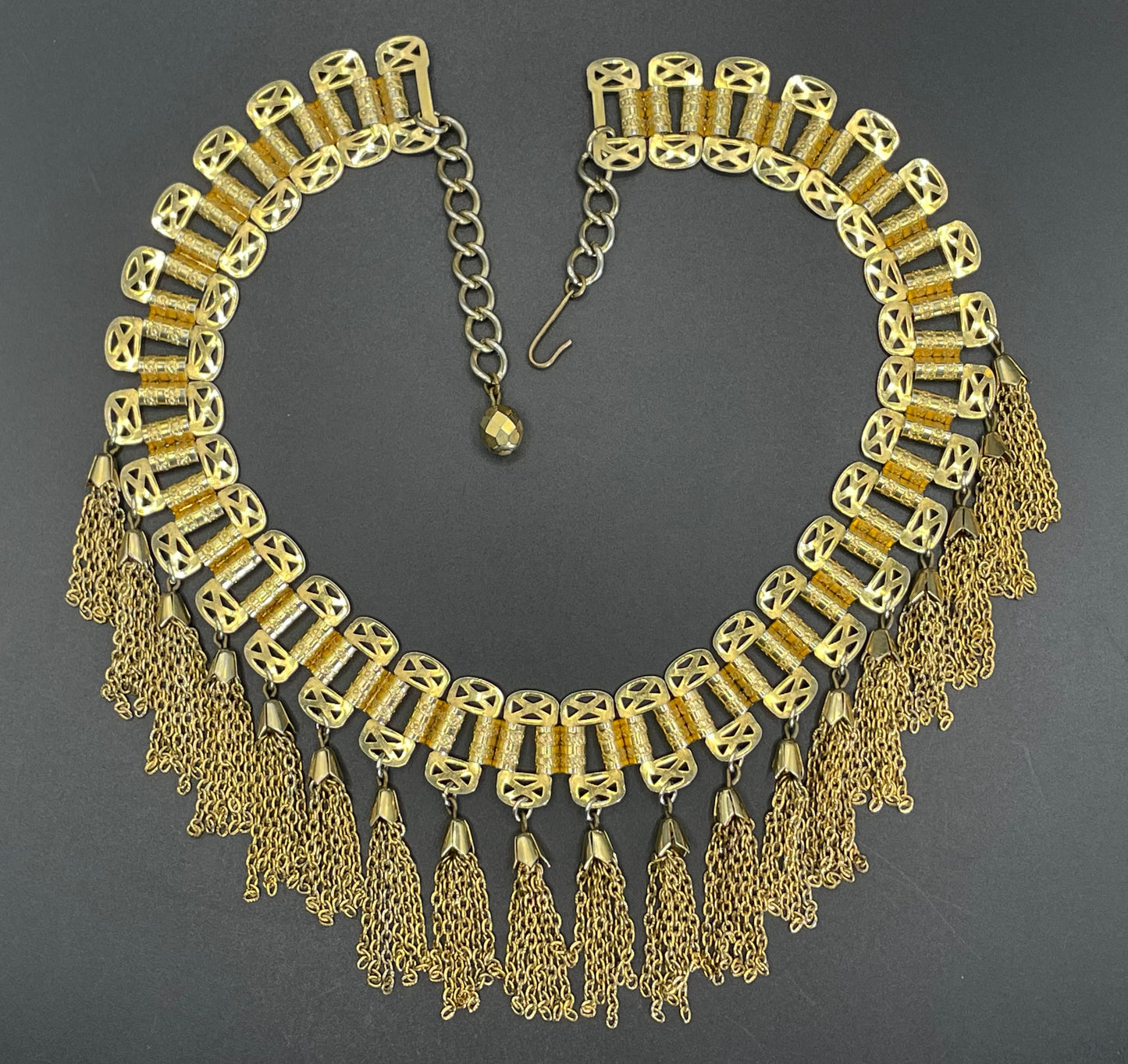 Vintage gold tone bookchain style chain link fringe necklace, Miriam Haskell style