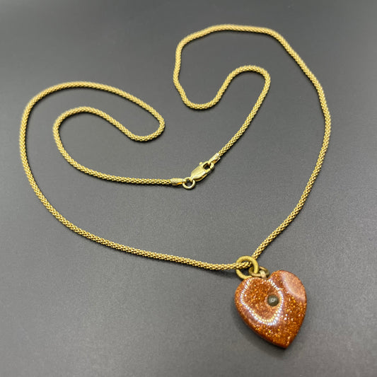 Antique Victorian moulded goldstone heart shaped Stanhope pendant (with  picture of Blackpool) with gold plated 925 sterling silver chain
