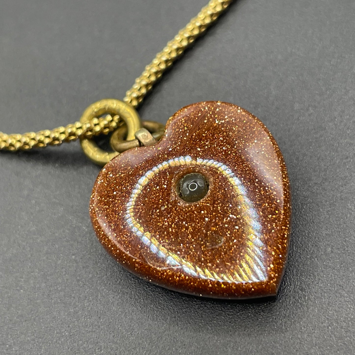 Antique Victorian moulded goldstone heart shaped Stanhope pendant (with  picture of Blackpool) with gold plated 925 sterling silver chain