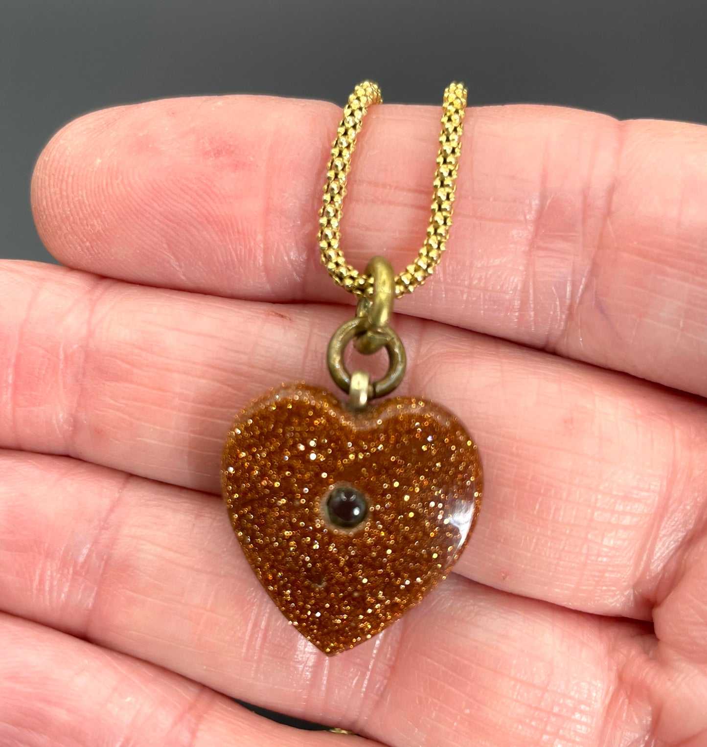 Antique Victorian moulded goldstone heart shaped Stanhope pendant (with  picture of Blackpool) with gold plated 925 sterling silver chain