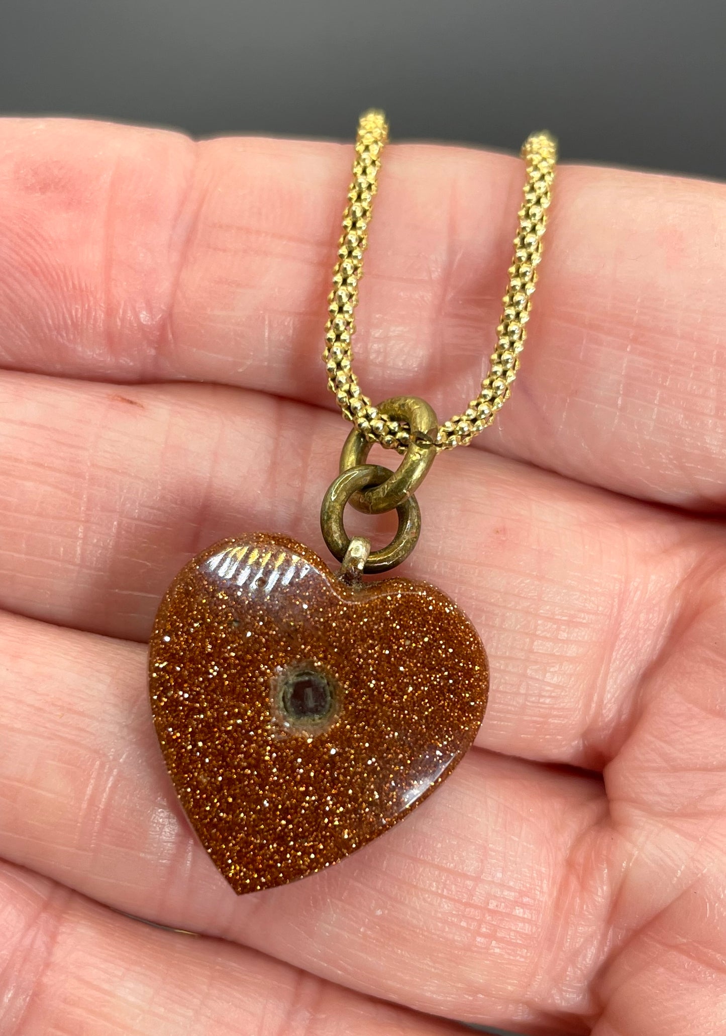 Antique Victorian moulded goldstone heart shaped Stanhope pendant (with  picture of Blackpool) with gold plated 925 sterling silver chain