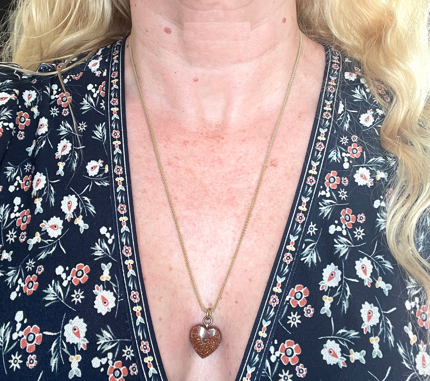 Antique Victorian moulded goldstone heart shaped Stanhope pendant (with  picture of Blackpool) with gold plated 925 sterling silver chain