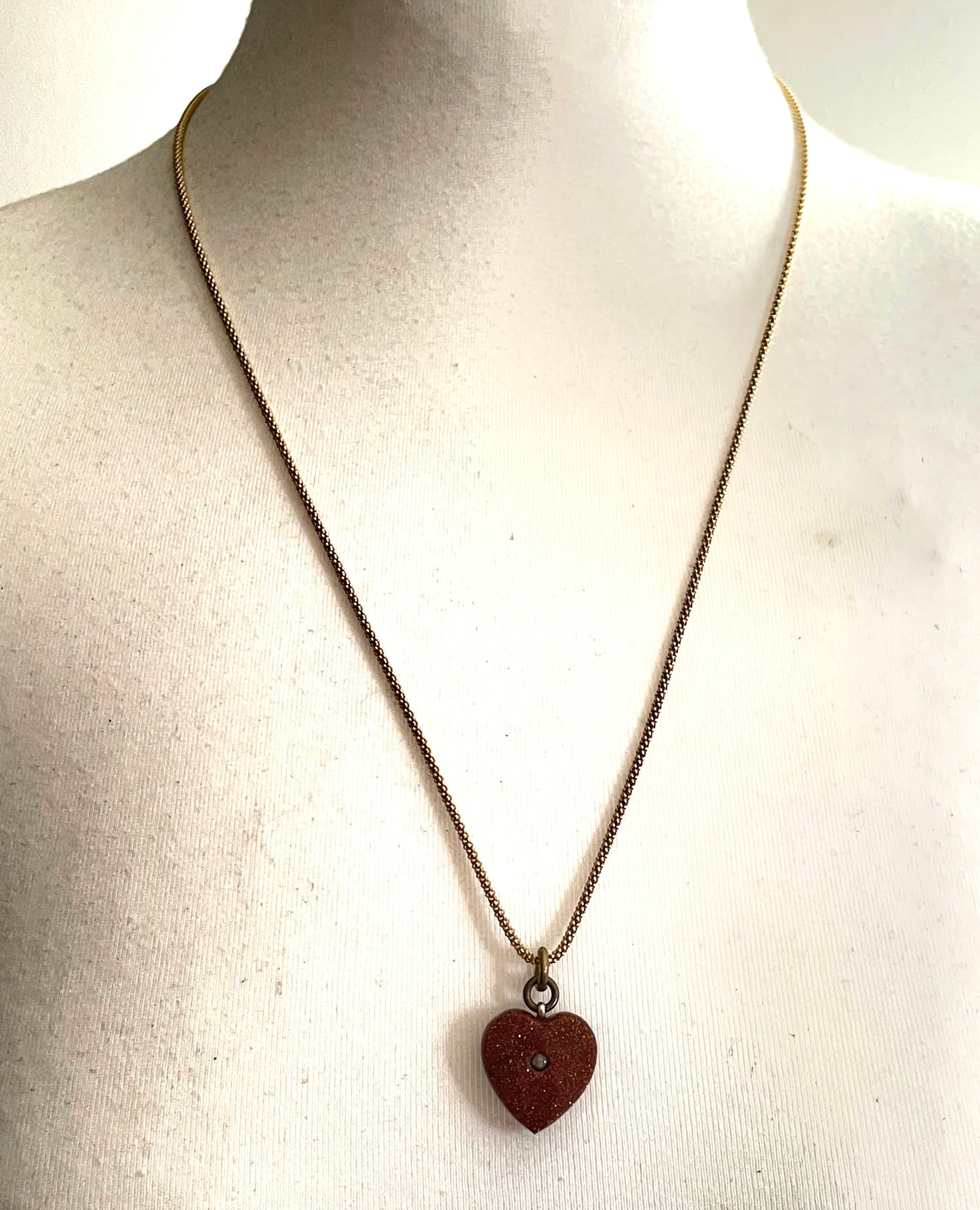 Antique Victorian moulded goldstone heart shaped Stanhope pendant (with  picture of Blackpool) with gold plated 925 sterling silver chain