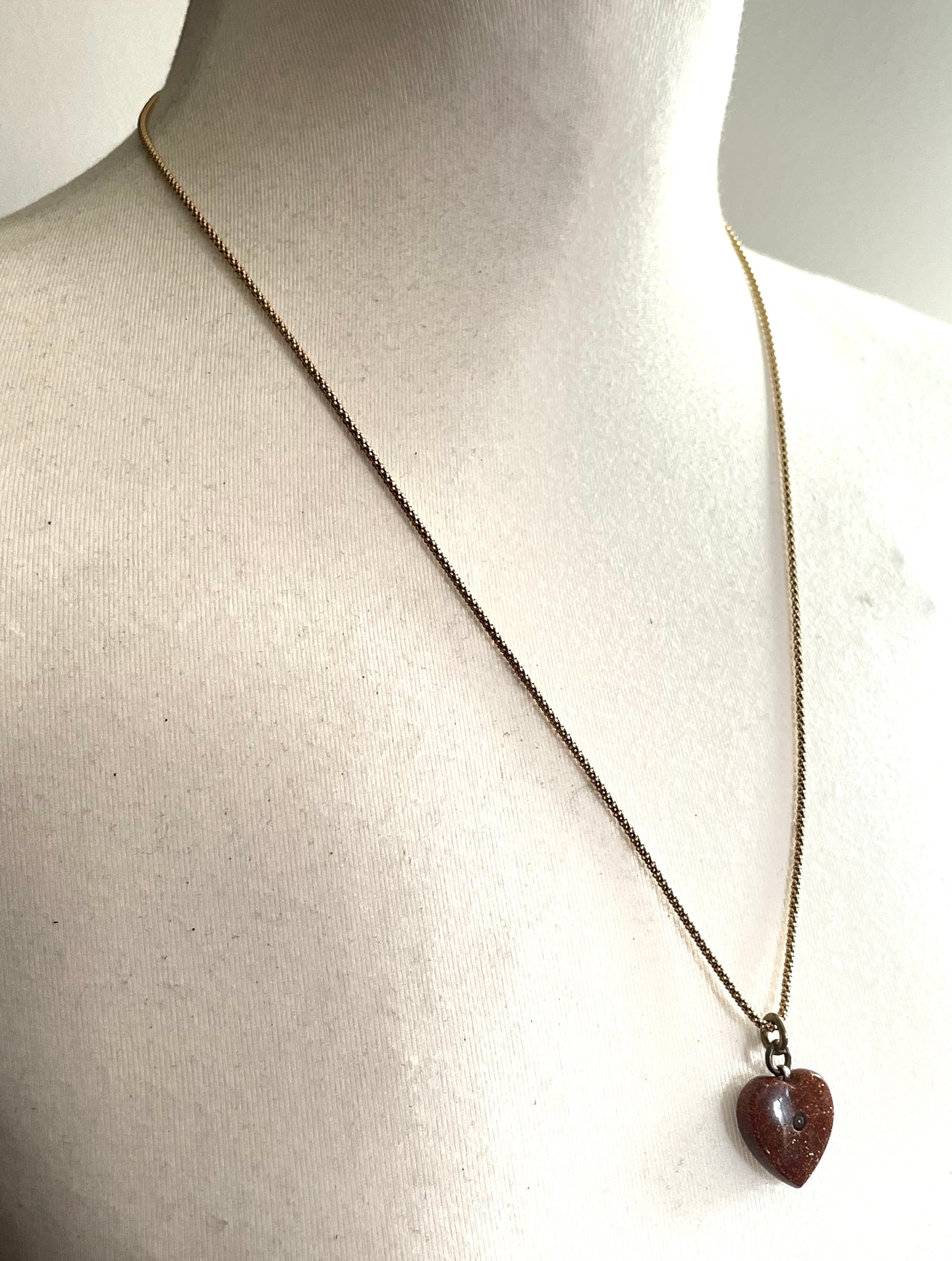 Antique Victorian moulded goldstone heart shaped Stanhope pendant (with  picture of Blackpool) with gold plated 925 sterling silver chain