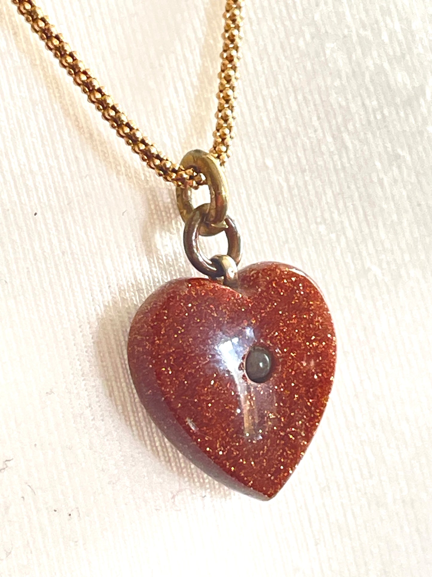 Antique Victorian moulded goldstone heart shaped Stanhope pendant (with  picture of Blackpool) with gold plated 925 sterling silver chain