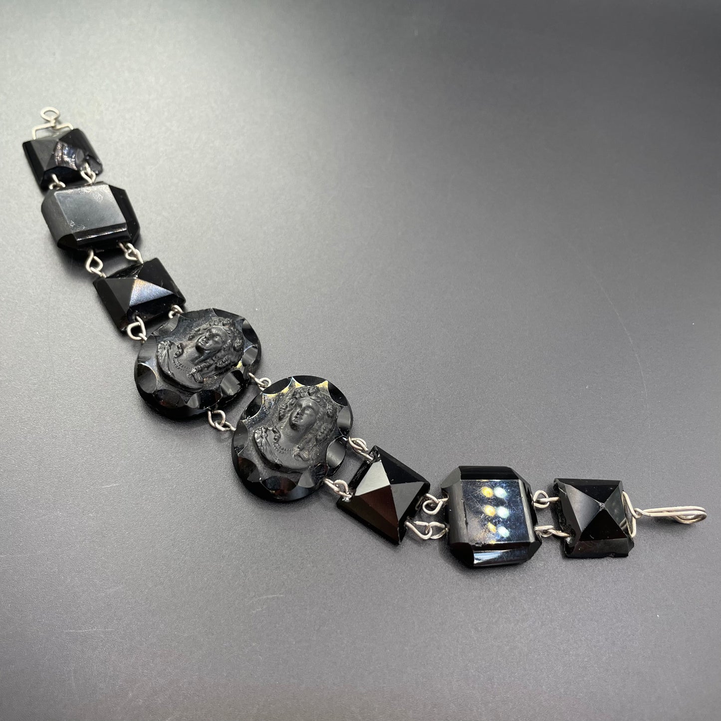 Antique French jet pressed glass bracelet - Victorian Vauxhall glass, two central glass cameos and faceted chunky beads