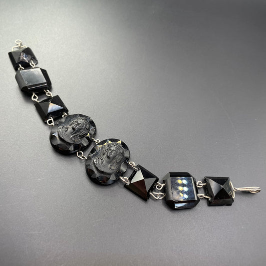 Antique French jet pressed glass bracelet - Victorian Vauxhall glass, two central glass cameos and faceted chunky beads