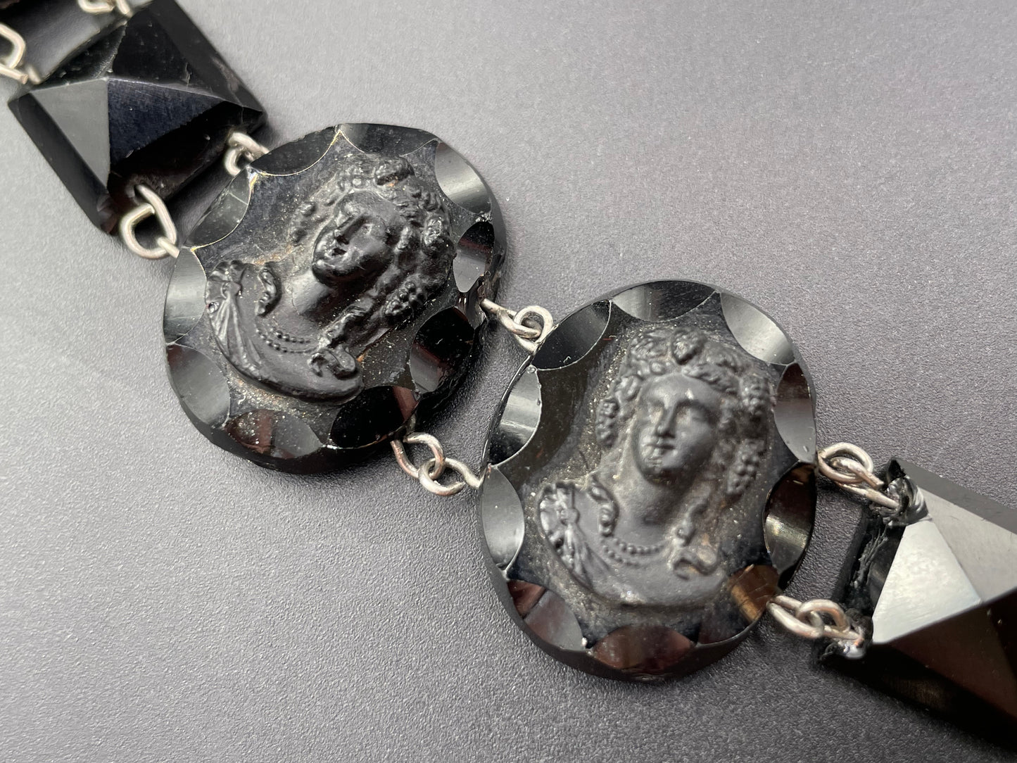 Antique French jet pressed glass bracelet - Victorian Vauxhall glass, two central glass cameos and faceted chunky beads