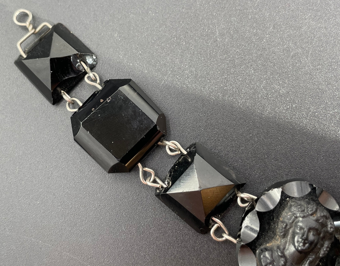Antique French jet pressed glass bracelet - Victorian Vauxhall glass, two central glass cameos and faceted chunky beads