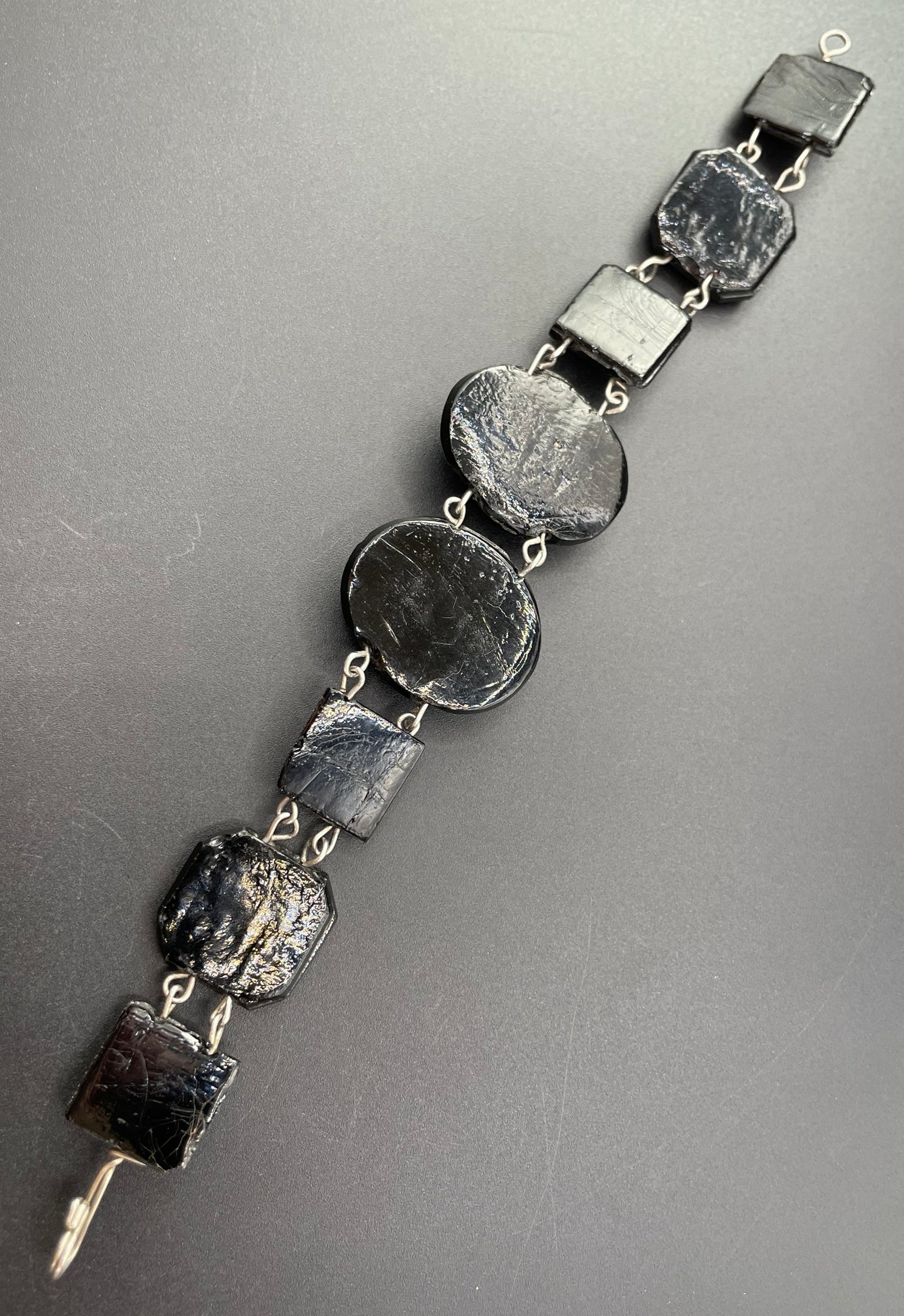 Antique French jet pressed glass bracelet - Victorian Vauxhall glass, two central glass cameos and faceted chunky beads