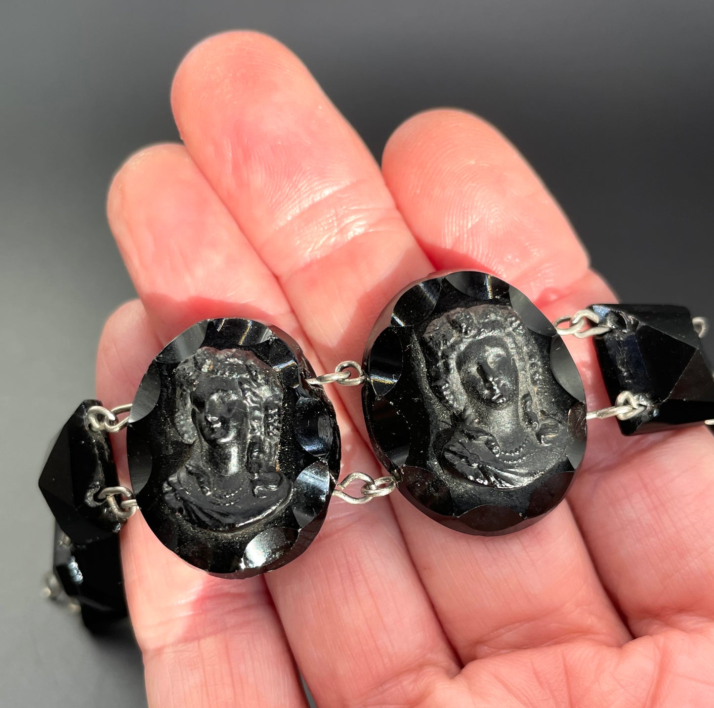 Antique French jet pressed glass bracelet - Victorian Vauxhall glass, two central glass cameos and faceted chunky beads