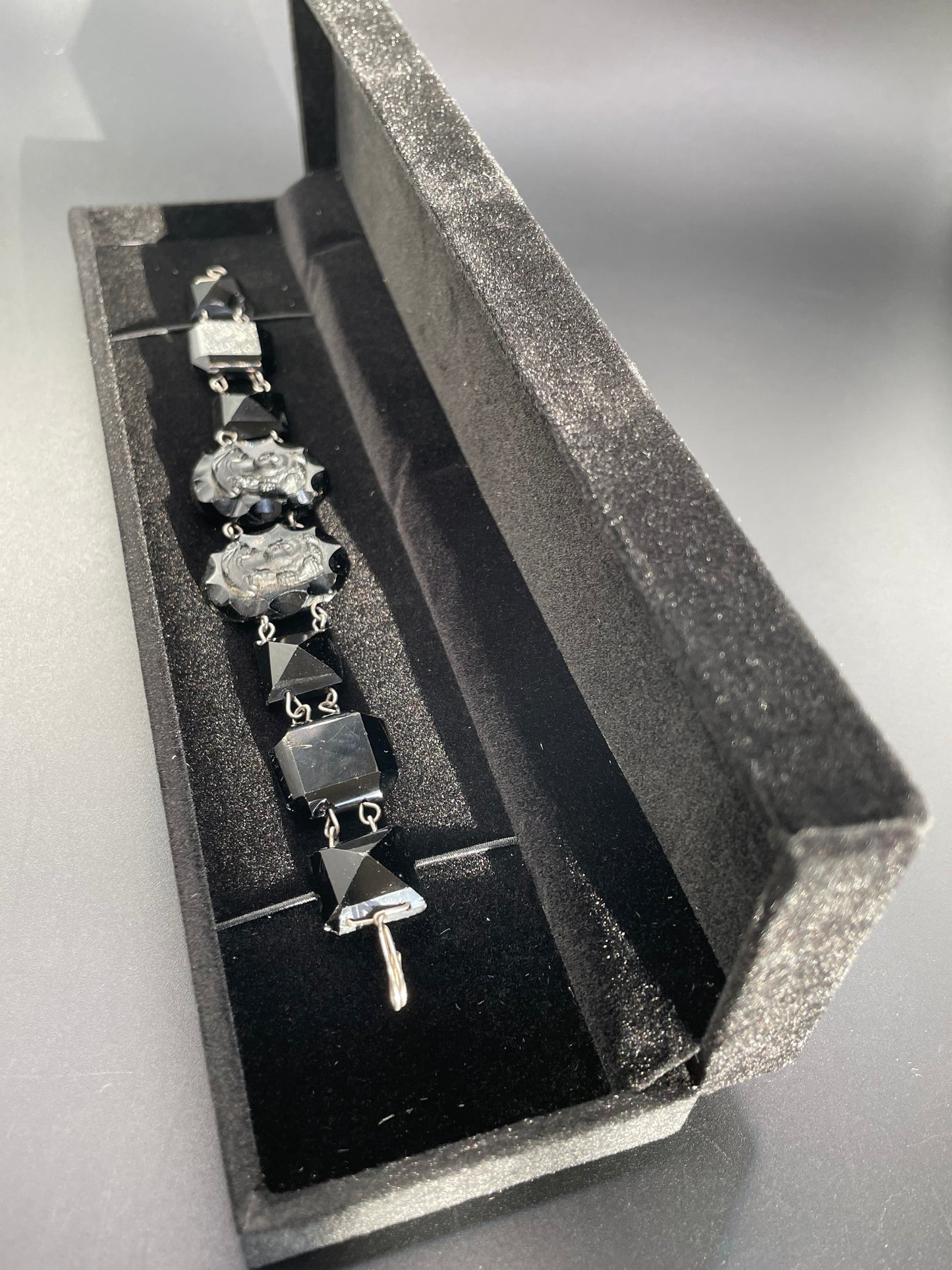 Antique French jet pressed glass bracelet - Victorian Vauxhall glass, two central glass cameos and faceted chunky beads