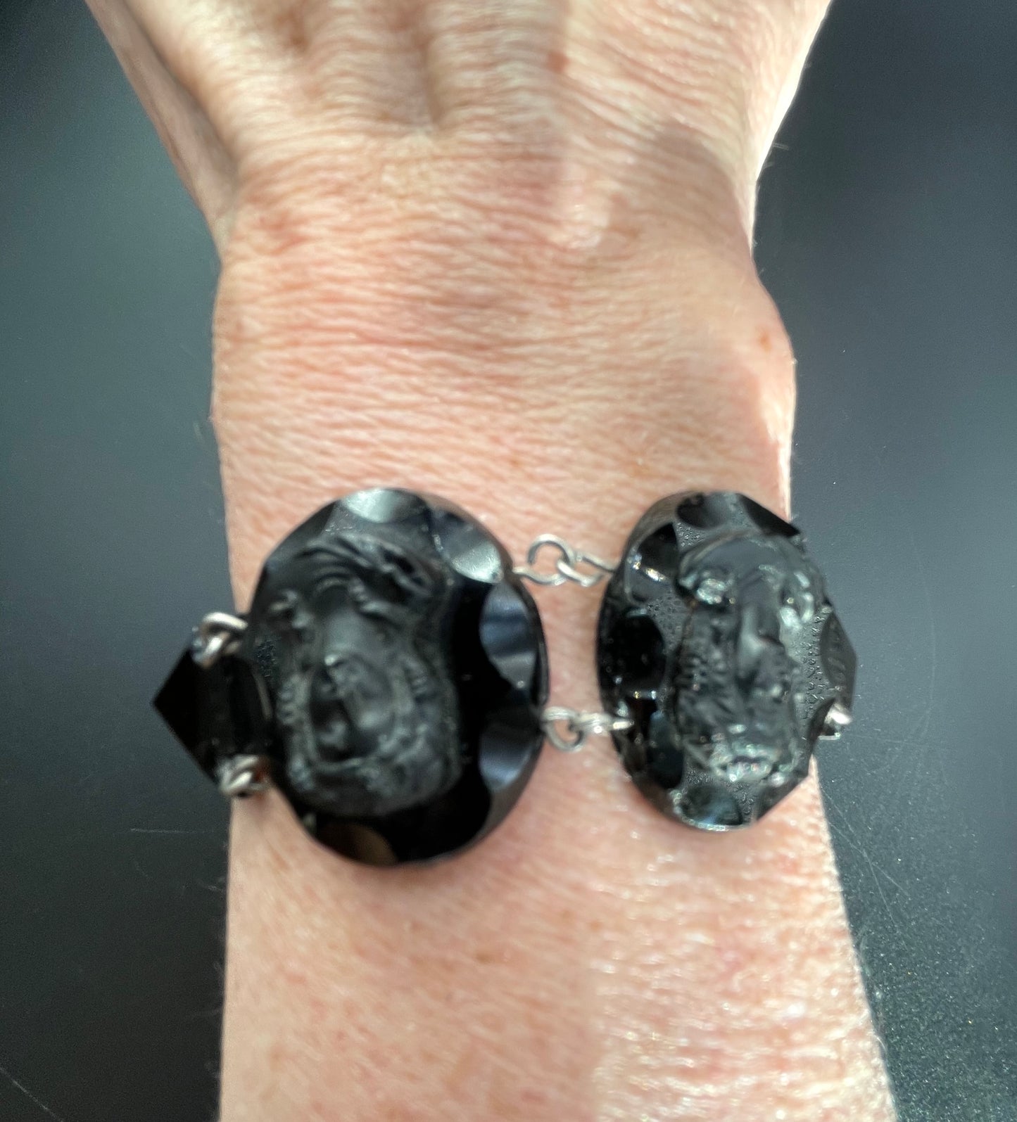 Antique French jet pressed glass bracelet - Victorian Vauxhall glass, two central glass cameos and faceted chunky beads