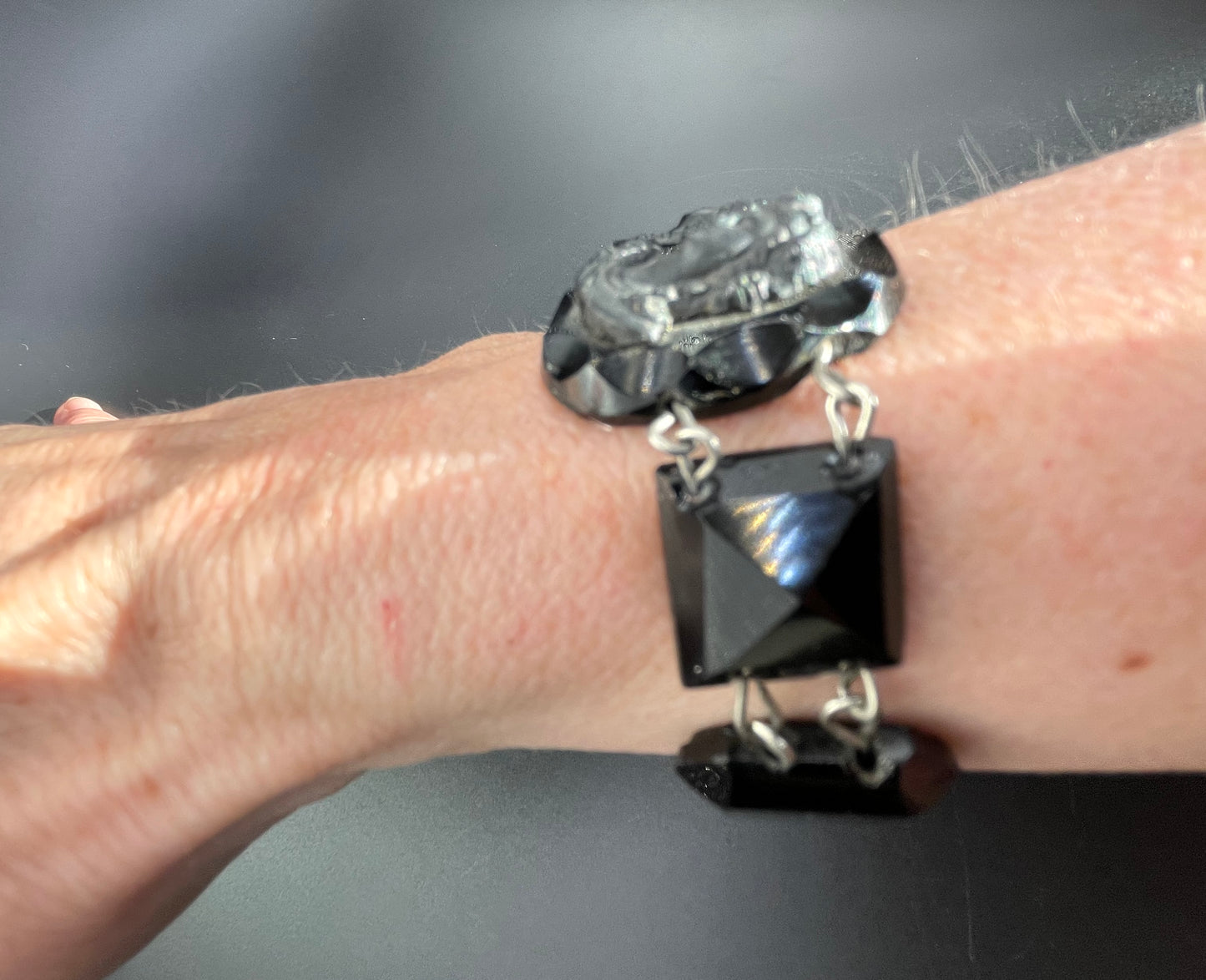 Antique French jet pressed glass bracelet - Victorian Vauxhall glass, two central glass cameos and faceted chunky beads