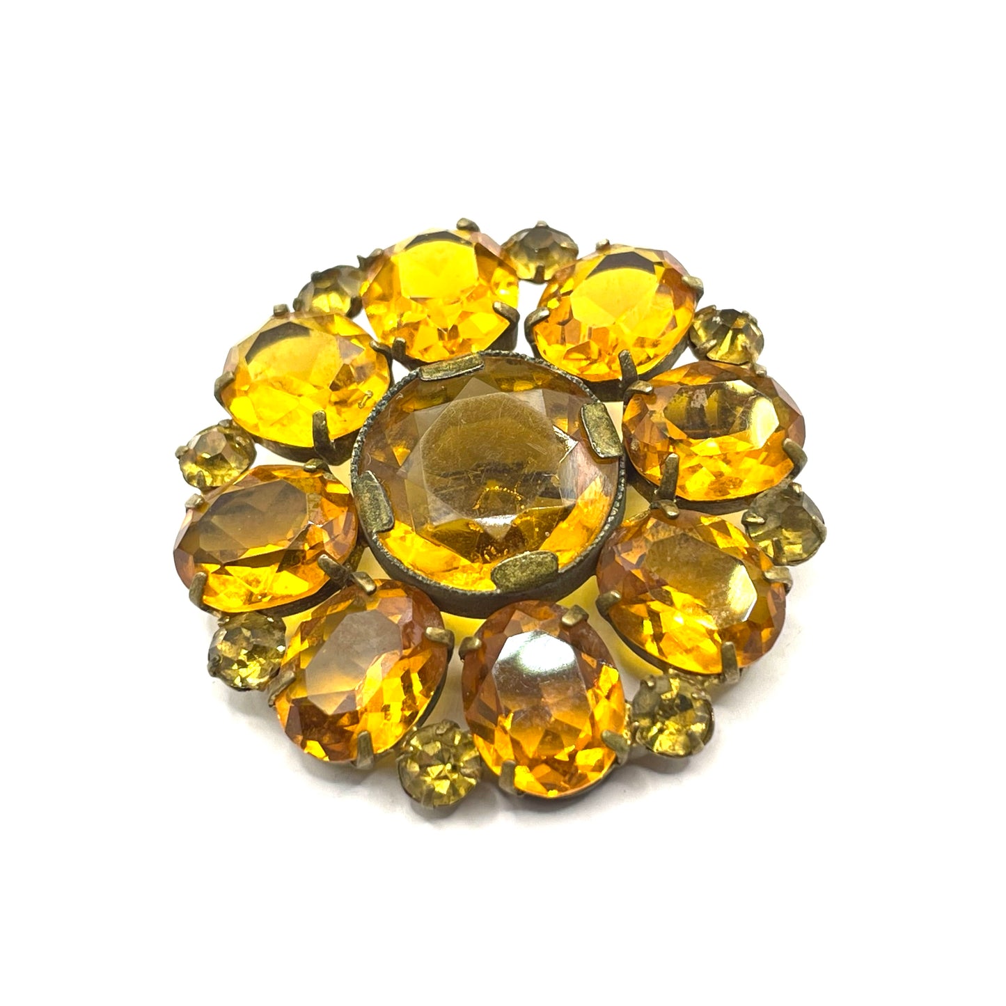 Vintage Art Deco citrine yellow glass rhinestone, open-backed, antique gold tone brooch pin, stunning sunshine colour