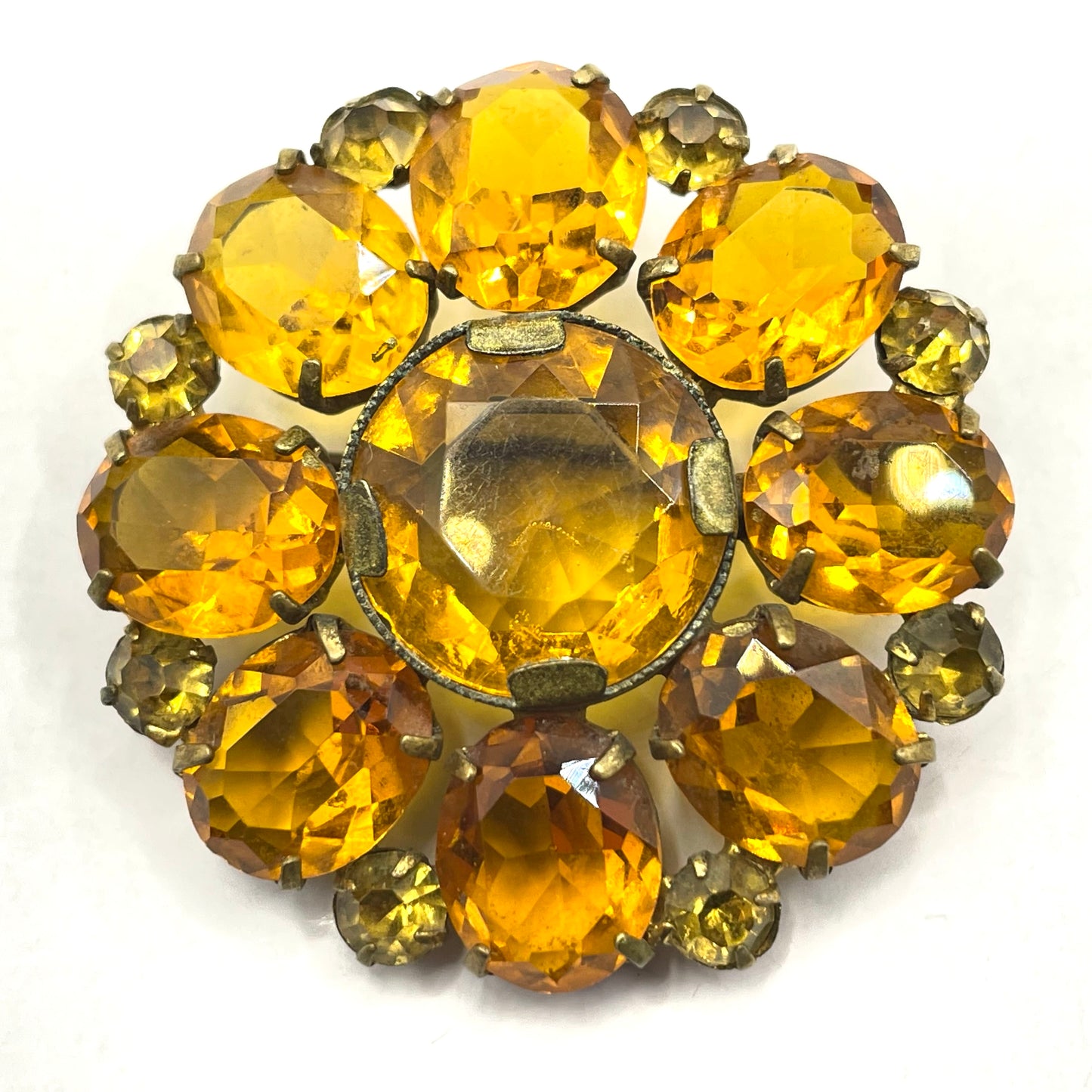 Vintage Art Deco citrine yellow glass rhinestone, open-backed, antique gold tone brooch pin, stunning sunshine colour