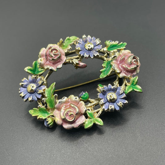 Vintage signed Exquisite rose and cornflower flower and leaf wreath brooch - very rare design, pale gold tone and cold-painted enamel