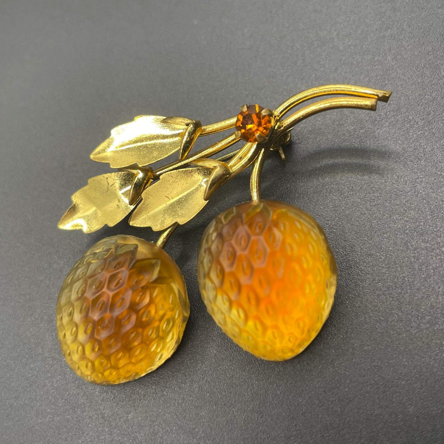Vintage Austrian crystal bi-colour moulded glass fruit brooch in gold tone with citrine yellow and topaz orange colours