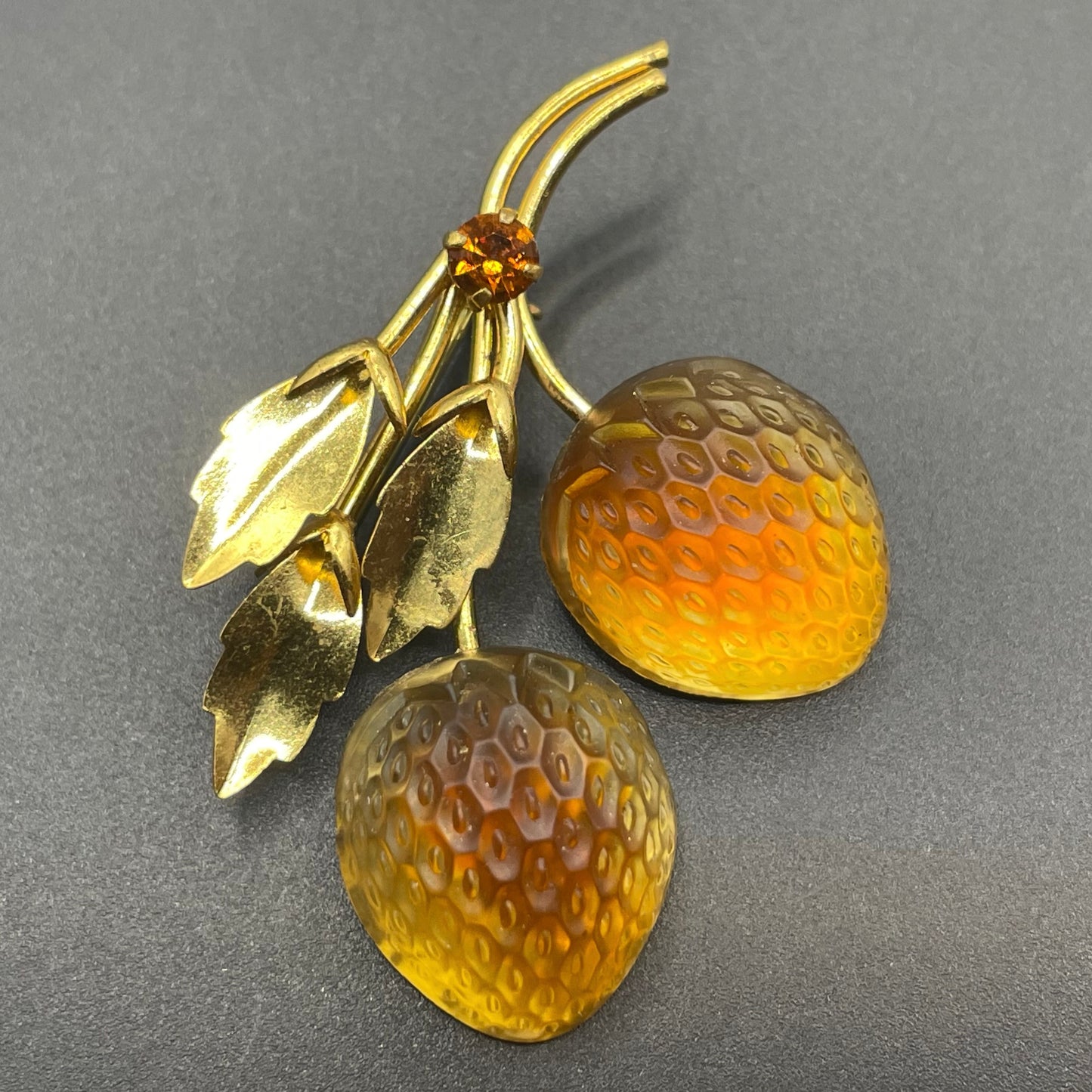 Vintage Austrian crystal bi-colour moulded glass fruit brooch in gold tone with citrine yellow and topaz orange colours