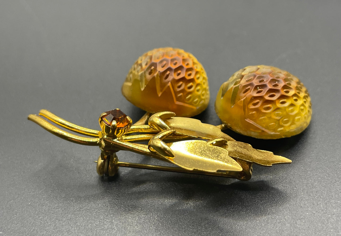 Vintage Austrian crystal bi-colour moulded glass fruit brooch in gold tone with citrine yellow and topaz orange colours
